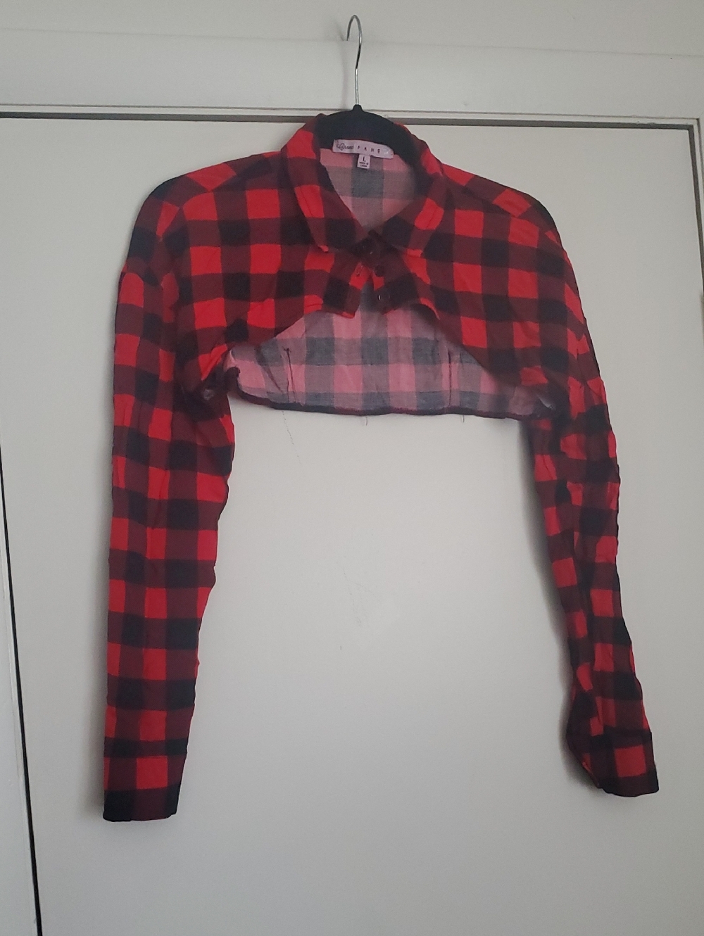 Crave Fame Red and Black Buffalo Plaid Cropped Button-Up Shrug